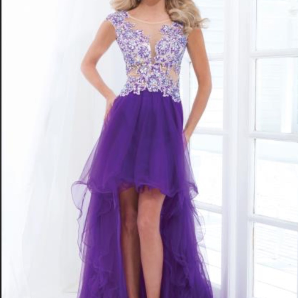 Tony Bowls Purple High Low Tulle Beaded Prom Dress